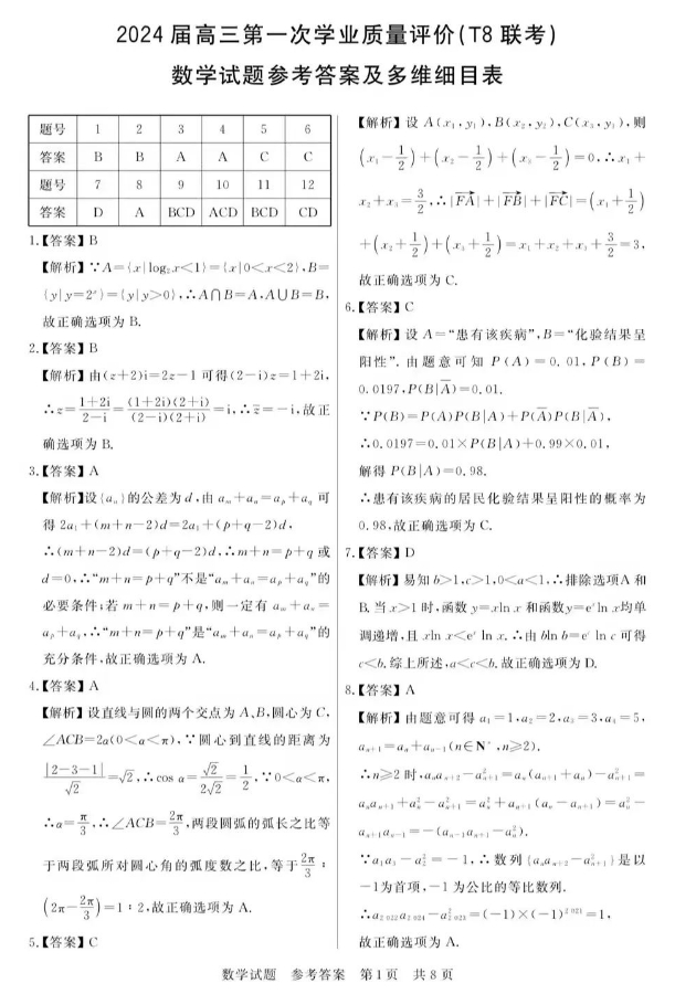 1703726089348924.png 2024届高三T8第一次联考数学试题及参考答案