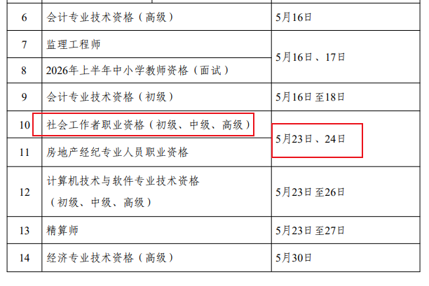 2026年内蒙古社会工作者职业资格考试时间及科目（5月23日、24日初级、中级、高级）