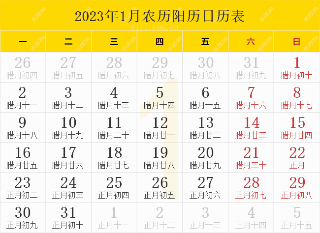 2023年1月农历阳历日历表 2023年1月农历阳历日历表