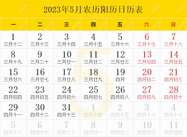 2023年5月农历阳历日历表 2023年5月农历阳历日历表