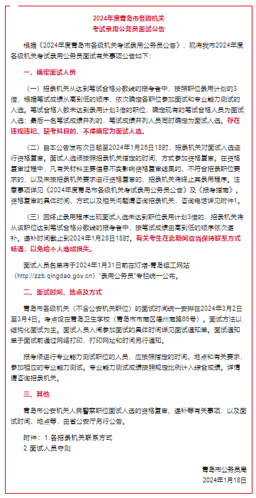 2024青岛市各级机关考试录用公务员面试公告通知