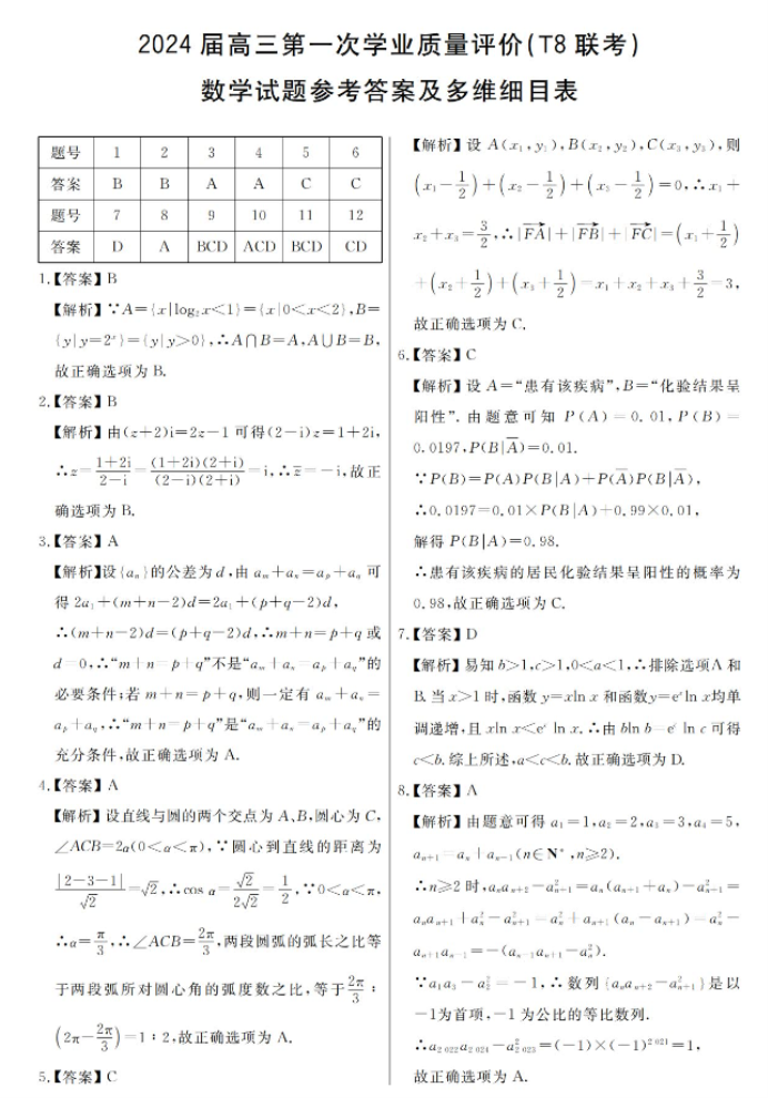 全国T8联考2024高三联考数学真题及答案